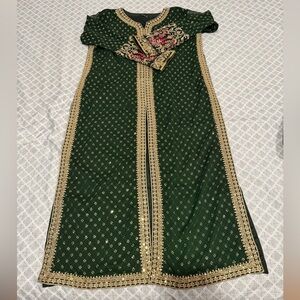 Embroidered Dark Green Maxi Dress with Gold Trim 3 pcs suit